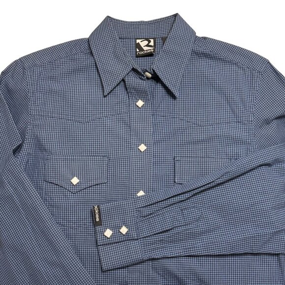 Rockies Womens Blue Checkered Long Sleeve Pearl Snap Shirt - Size Medium - Picture 2 of 9